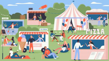 Street market fair, fast food festival in city park, circus with crowd of walking people