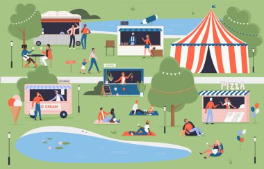 City food festival event in village, city park, summer map of market with family people