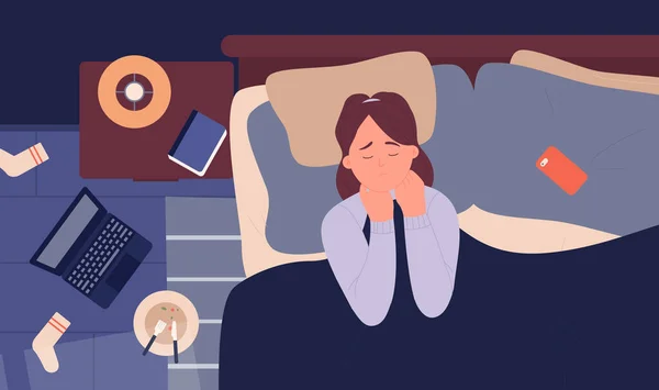 Menina em depressão ansiedade insônia problema à noite, infeliz chateado mulher deitada na cama —  Vetores de Stock