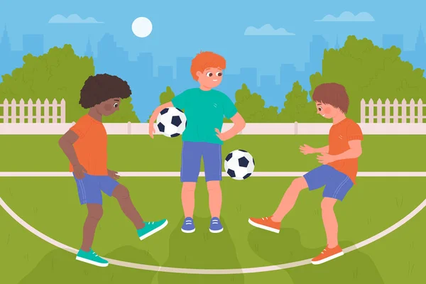 Les enfants jouent au ballon, football activité sportive saine, les garçons enfants jouent au football ensemble — Image vectorielle
