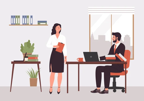 Les gens travaillent dans le bureau directeur de l'entreprise moderne, patron assis au bureau avec ordinateur portable — Image vectorielle