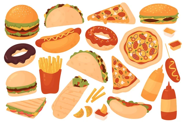 Fast food menu ristorante impostato, gustoso panino hot dog hamburger pizza ciambella patatine fritte — Vettoriale Stock