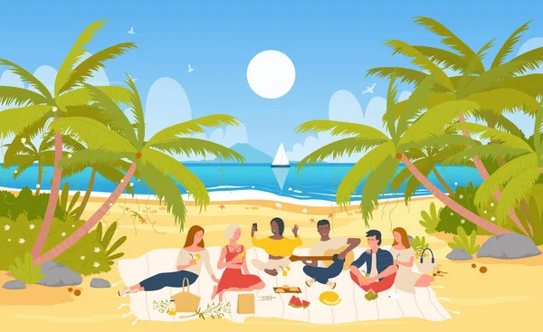 Mensen vrienden op picknick feestje, zomer tropische zee strand, samen zitten, drinken — Stockvector