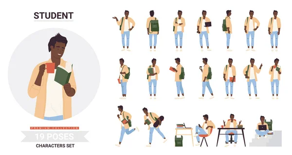 Afroamericano nero studente giovane uomo posa infografica set — Vettoriale Stock