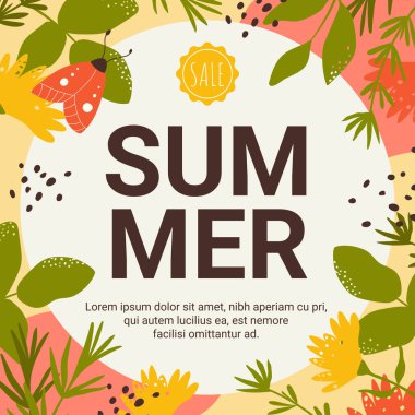 Summer offer sale banner set, flowers, butterflies and floral leaves in round promo template