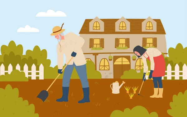 Люди фермери працюють у фермерському саду, садівник у гумових чоботях, працюють з лопатою — стоковий вектор