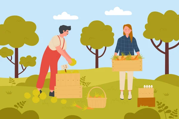 Agriculteurs récoltant des légumes dans le jardin de la ferme, femme heureuse tenant panier en bois — Image vectorielle