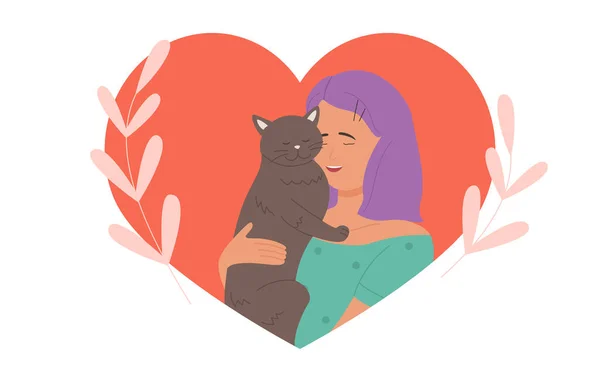 Kız sevimli kediyi sevgiyle kucaklıyor, genç güzel kadın hayvan sahibi komik kedi yavrusunu kucaklıyor. — Stok Vektör