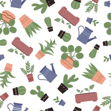 Ev bahçesi için yaz yeşili bitkiler, bahçe aletleri, çiçeksiz desenler.