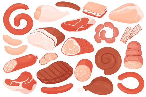 Kött livsmedelsingredienser, shop meny set, rått nötkött, rött fläsk pancetta och färska kycklingben — Stock vektor