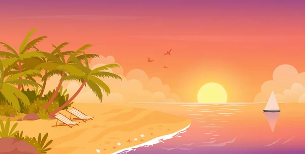Пляжний спокійний захід сонця, тропічні подорожі відпочинок влітку тропічний острів приморський пейзаж — стоковий вектор