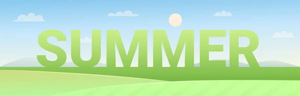 Nature field landscape illustration. Cartoon flat panoramic wide natural scenery with green grass farm field, farmland countryside nature in summertime with big SUMMER letters background.