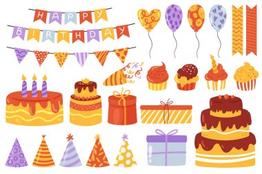 Doğum günü partisi kutlaması seti, yıldönümü kutlamaları, şirin çıkartmalar.
