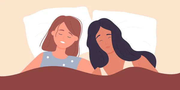 Beberapa gadis tidur di tempat tidur di malam hari, tidur perempuan muda berbaring di atas bantal di bawah selimut - Stok Vektor