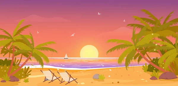 Захід сонця на тропічному пляжі, тропічний райський ландшафт відпочинку, пальми на сонці. — стоковий вектор