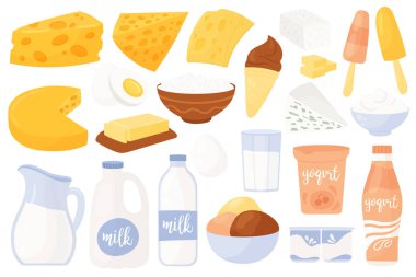 Süt ürünleri seti, cam kavanoz ve süt şişesi, feta ve süzme peynir.