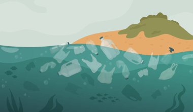 Plastik atık kirliliği, deniz suyundaki çöpler, kirli ada manzarası.