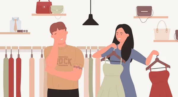 Пара человек шопинг, покупка одежды, стоя в современном магазине бутик интерьера — стоковый вектор