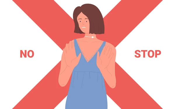 Mädchen ohne Stop-Geste einfaches Konzept, junge Frau warnt, zeigt Verweigerungsgeste — Stockvektor