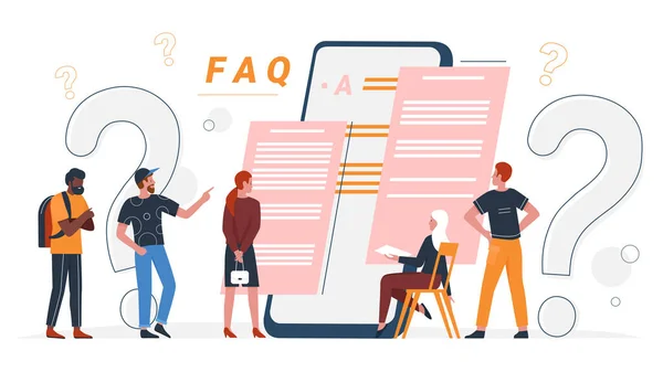 Concetto di Faq, assistenza clienti online, le persone fanno domande e ricevono risposte da faq — Vettoriale Stock