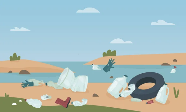 Vuilnis afval op het strand, probleem voor ecologie, plastic flessen, schoen handschoen vervuilen rivier — Stockvector