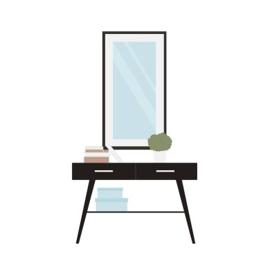 Kitapları ve aynası olan modern masa, ev oturma odası için iç dekorasyon tasarımı.