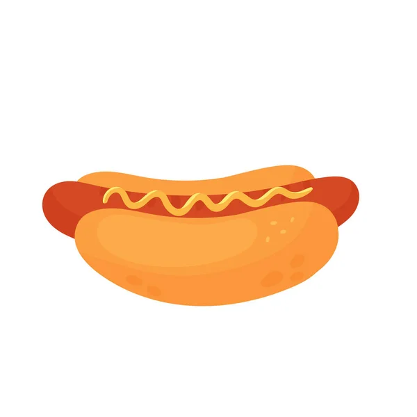 Comida rápida hot dog con salchicha, bollo y salsa de mostaza, menú de bocadillos de comida rápida poco saludable — Vector de stock