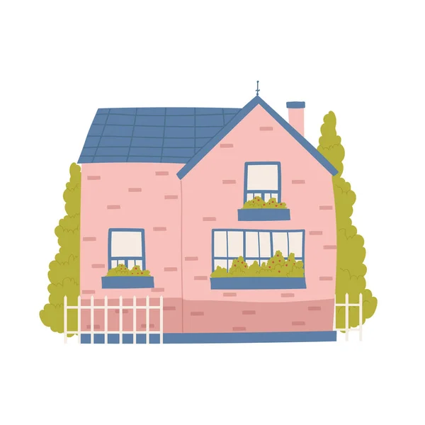 Bonita casa rosa, apartamento em casa na aldeia ou cidade, bairro verão fachada engraçada — Vetor de Stock