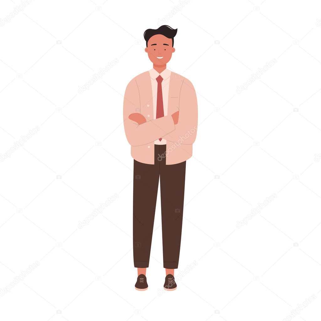 Young business man character crossing arms, teacher smiling isolated on white