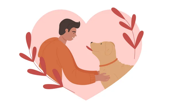 Örökbefogadás kutya, boldog ember és kutyus barát, srác kisállat tulajdonos és vicces kiskutya belül rózsaszín szív — Stock Vector