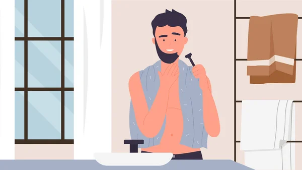 Afeitarse hombre, afeitarse cuidado de la piel facial, rutina diaria de higiene de estilo de vida en el interior del baño — Vector de stock