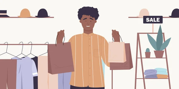 Οι άνθρωποι ψωνίζουν στις πωλήσεις εκπτωτικών καταστημάτων, χαρούμενος αγοραστής που κρατάει τσάντες, αγοράζει δώρα — Διανυσματικό Αρχείο