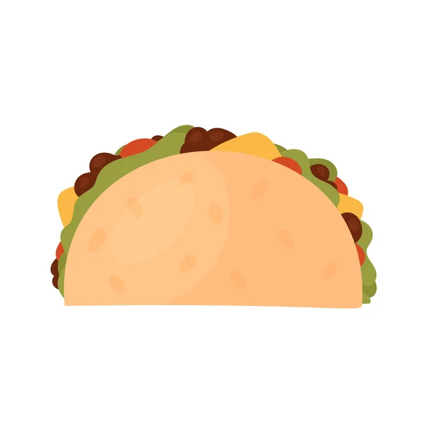 Gyorsétterem taco, ízletes gyorsétterem snack, egészségtelen taco hússal, salátával és szósszal — Stock Vector