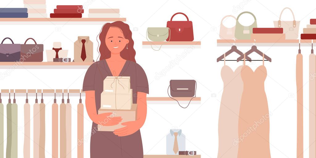 Girl shopping in mall, fashion boutique or store, happy shopaholic female character