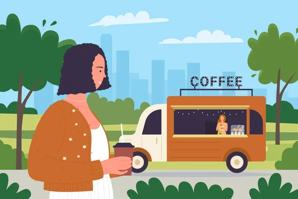 Жінка п'є каву в міському парку, вулична їжа і питне кафе, мобільний магазин трек — стоковий вектор