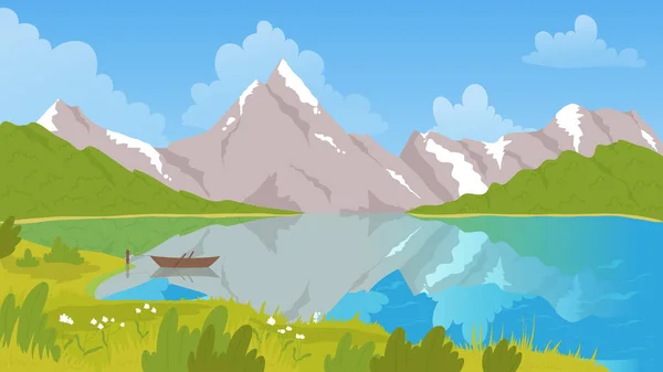 Jezioro górskie i łódź w malowniczej przyrody letni krajobraz, łódź rybacka w wodzie — Wektor stockowy