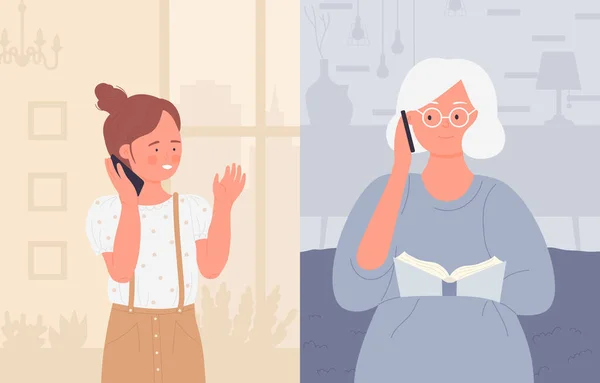 Llamada familiar, abuela hablando con su nieto por teléfono, abuelo sentado en casa — Vector de stock