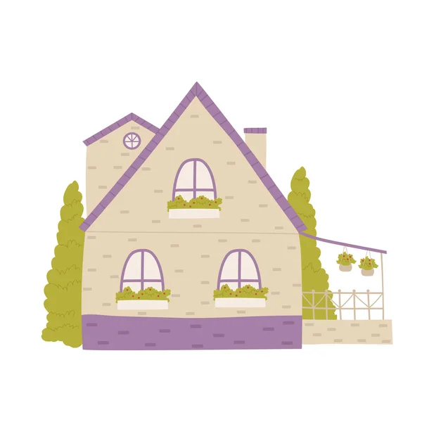 Bonita casa na aldeia ou bairro da cidade, fachada de verão de casa engraçada edifício cottage —  Vetores de Stock