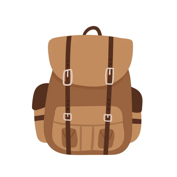 Turist upptäcktsresande ryggsäck för resor, lägerturism och utomhus sommar äventyr vektor illustration. Tecknad tyg ryggsäck för resa resa, brun ryggsäck isolerad på vit — Stock vektor