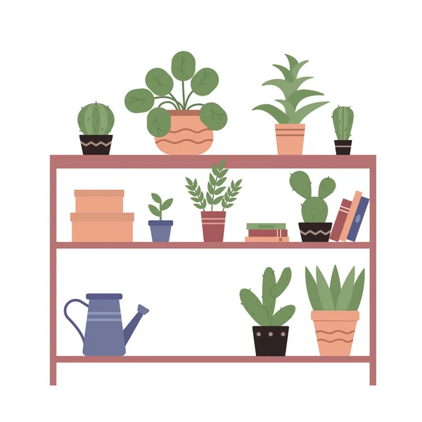 Huis planten in keramische potten, boeken, gieter op houten planken van thuis natuur tuin — Stockvector