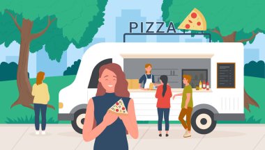 Pizza street market food truck van in summer park, people eat fastfood near mobile cafe clipart