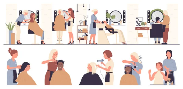 Coiffeur travaillant avec des personnes client dans un salon de beauté, faire une coupe de cheveux, coiffure — Image vectorielle