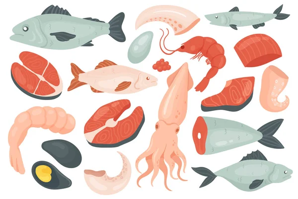 海鮮セット、生の海魚と貝、新鮮なグルメメニューコレクション — ストックベクタ