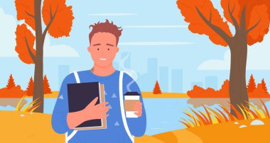 Sonbahar parkında elinde bir fincan kahve ve kitapla dolaşan ve doğanın tadını çıkaran bir öğrenci.