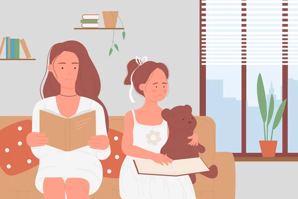 Μητέρα και παιδί διαβάζουν βιβλίο μαζί στο σπίτι, διασκεδάζουν οικογένεια και ευτυχισμένη μητρότητα — Διανυσματικό Αρχείο