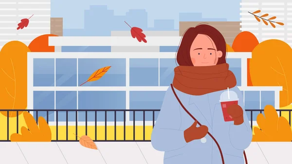 Fille avec café marchant sur la rue de la ville d'automne, jeune femme heureuse en manteau chaud debout — Image vectorielle