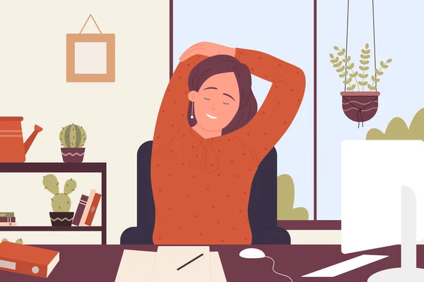 Mulher feliz terminou o trabalho freelance, sentado na mesa, esticar e relaxar depois de trabalhar — Vetor de Stock