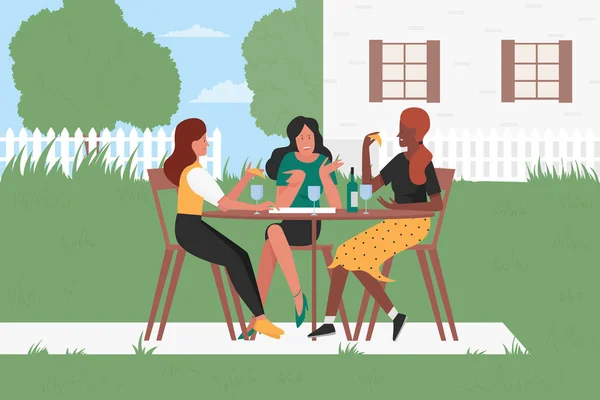 Kız arkadaşlar yaz bahçesinde kadehten şarap içer, komşular ev partisinde eğlenir. — Stok Vektör