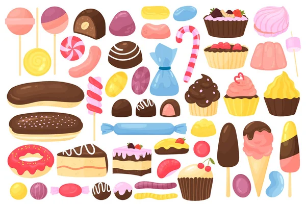 Süßes Dessert-Set, Süßwaren oder Kindercafé-Speisekarte, Schokoladenkuchen, Eis-Donut — Stockvektor