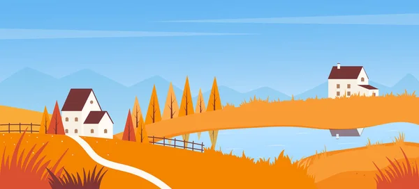 Jesienny krajobraz z drogą do domu rustykalnego na jeziorze, jesienna scena, sezon jesienny — Wektor stockowy